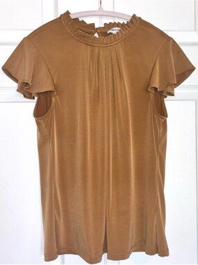 Calvin Klein Ruffle Sleeve Blouse Tan Camel Pleated Neck Short Sleeve Size S